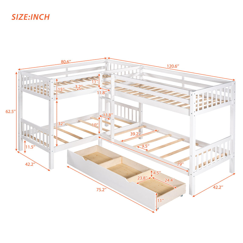 DreamHaus L-shaped bunk bed with built-in drawers, featuring a sturdy wooden frame and space-saving design for bedrooms.