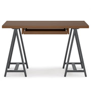 Handcrafted solid wood sawhorse desk from Simpli-Home, showcasing sturdy construction and a natural wood finish for writing and workspaces.