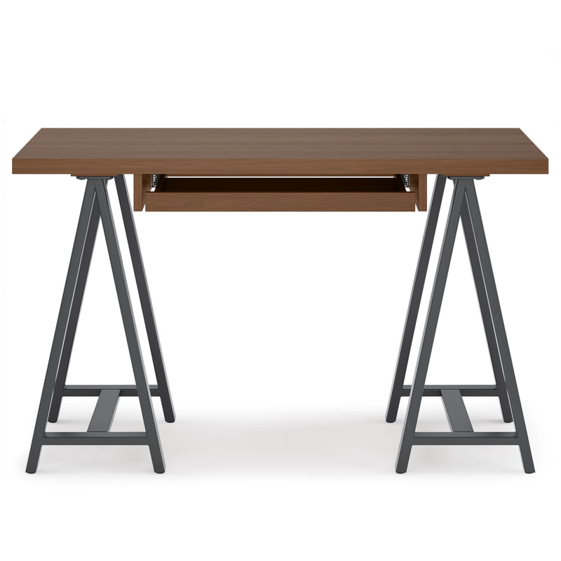 Handcrafted solid wood sawhorse desk from Simpli-Home, showcasing sturdy construction and a natural wood finish for writing and workspaces.