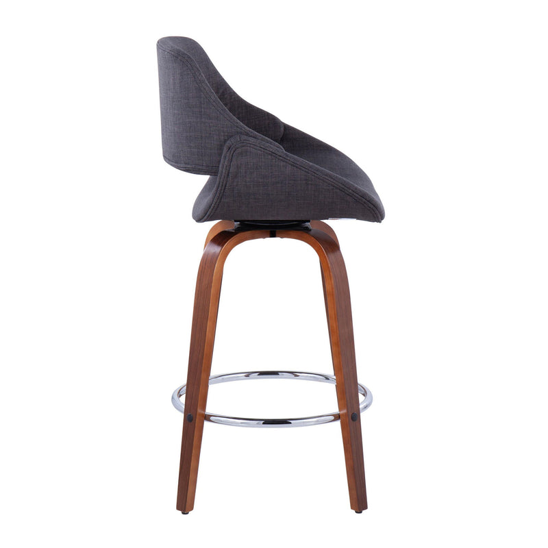 Lumi Source Fabrico mid-century modern fixed height counter stool set with round footrests, black seat and sleek wooden legs.