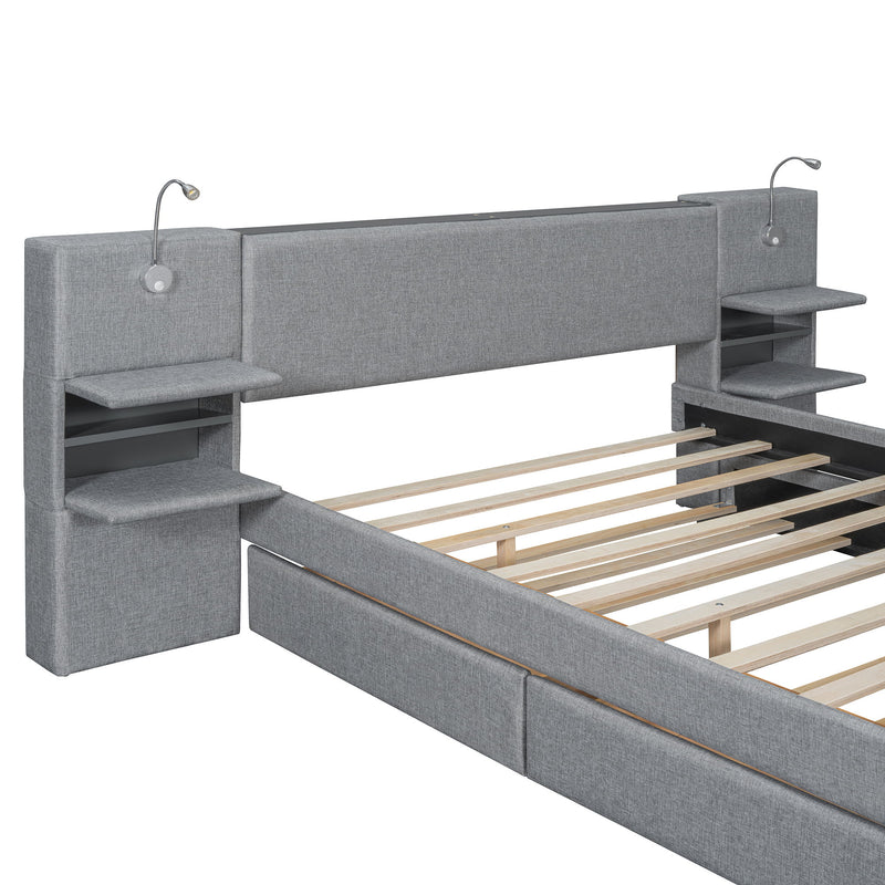 Upholstered Platform Bed With Reading Lights, Drawers, Trundle And Shelves - R&R Furniture Gallery (Fountain Valley, CA)