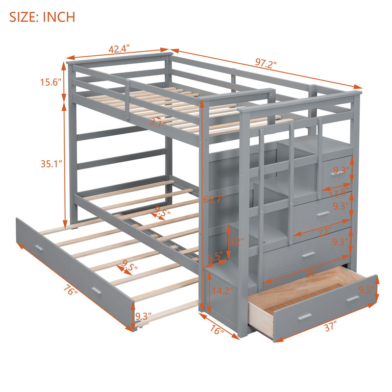 DreamHaus bunk bed with staircase and trundle, featuring sturdy wooden frame, safety rails, and space-saving design for kids' bedrooms.