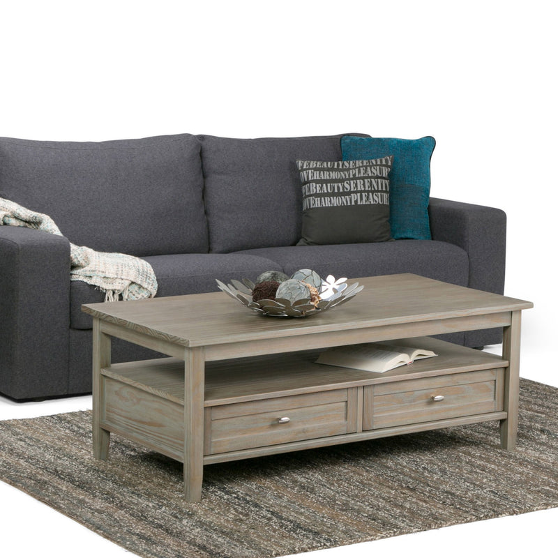 Warm Shaker handcrafted coffee table by Simpli-Home with a natural wood finish and sturdy design, perfect for living room decor.
