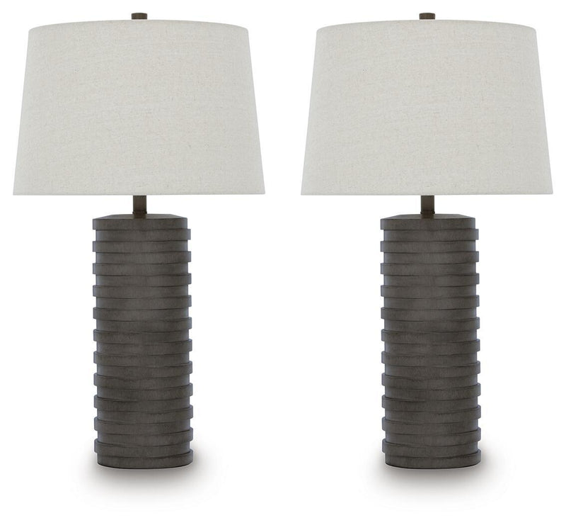 Pair of Signature Design by Ashley Neilett poly table lamps in antique brown with textured ceramic bases and beige fabric shades.