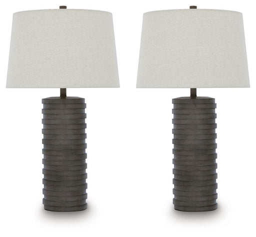 Pair of Signature Design by Ashley Neilett poly table lamps in antique brown with textured ceramic bases and beige fabric shades.