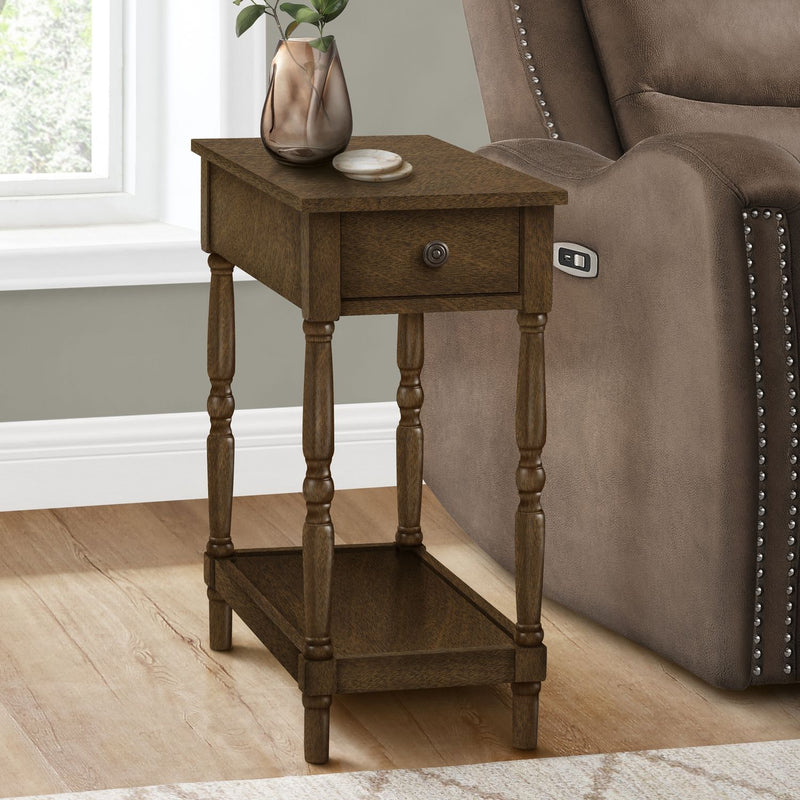 8th Street accent end table with two tiers, storage drawer, traditional stylish design, wooden finish, and decorative details.
