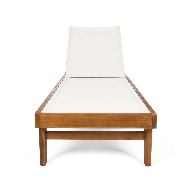 Outdoor Chaise Lounge With Acacia Wood Frame - White / Teak - R&R Furniture Gallery (Fountain Valley, CA)