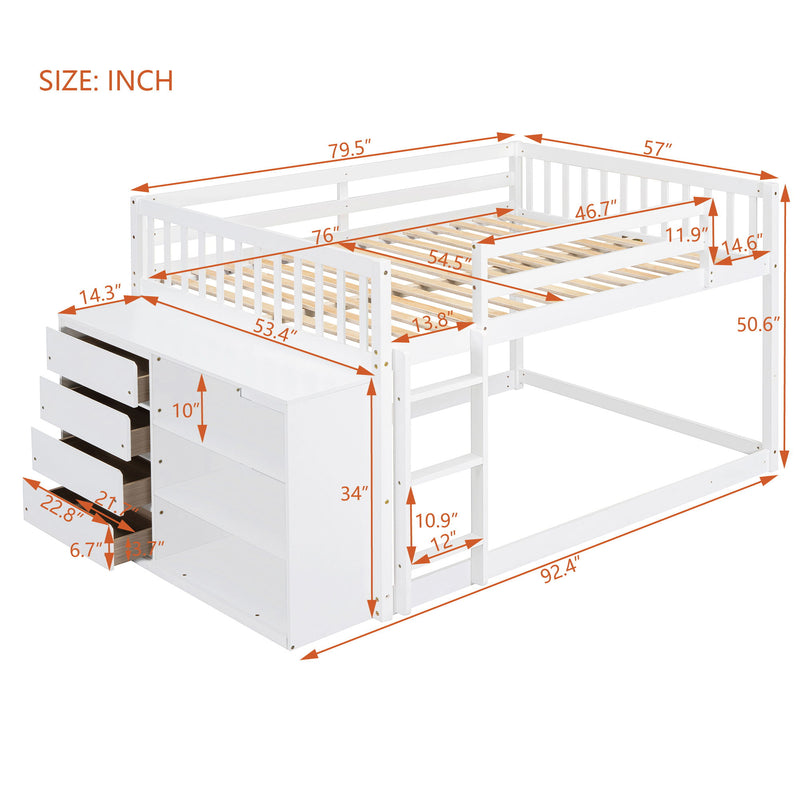DreamHaus bunk bed with four drawers and three shelves, showcasing a sturdy wooden frame and efficient storage space.