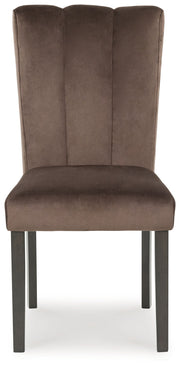 Pair of Jeshina Signature Design by Ashley mocha upholstered dining side chairs with padded seats and wooden legs.