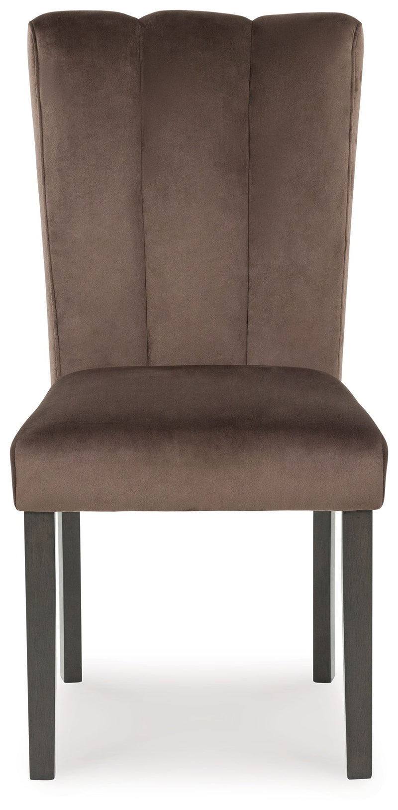 Pair of Jeshina Signature Design by Ashley mocha upholstered dining side chairs with padded seats and wooden legs.