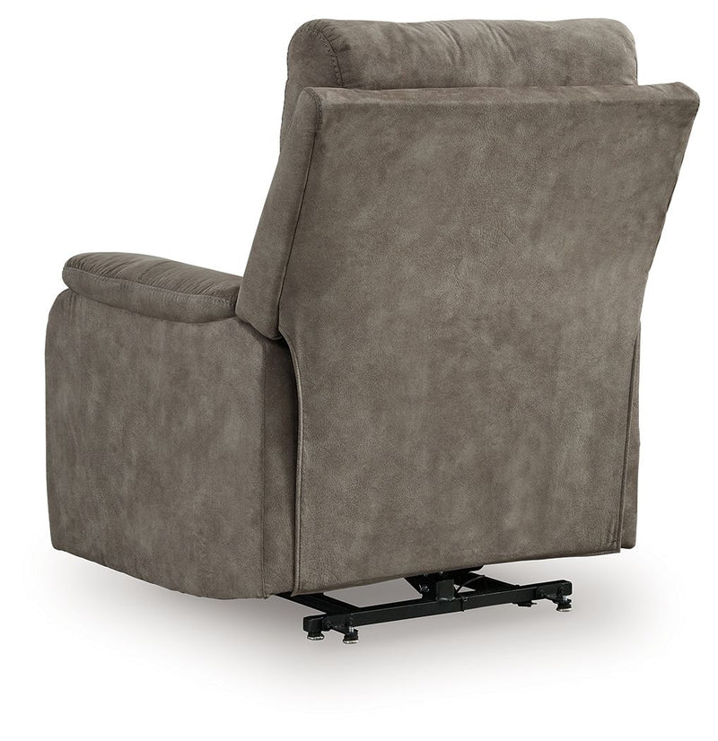Signature Design by Ashley Crestmeade Power Lift Recliner in plush fabric, showing the comfortable padded seat and armrests.