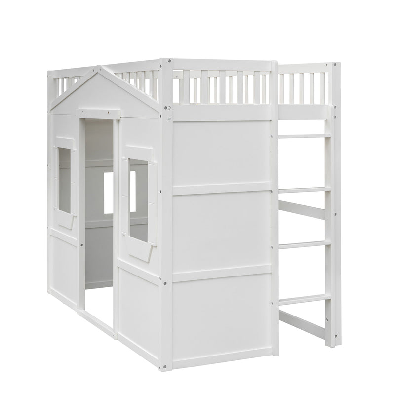 DreamHaus house loft bed with ladder, featuring a cozy sleeping area and sturdy frame, ideal for children's bedroom decor.