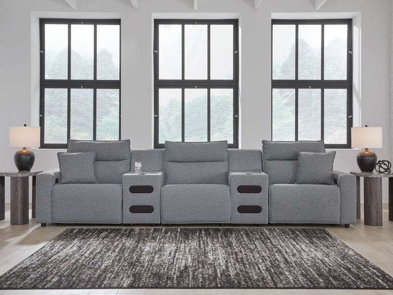 Signature Design by Ashley® Modmax II reclining sectional in salt and pepper fabric, featuring plush cushions and reclining seats.