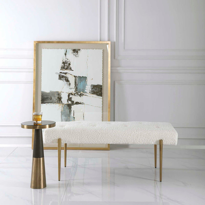 Uttermost Olivier accent bench with upholstered seat and wooden legs, ideal for living room or entryway decor.