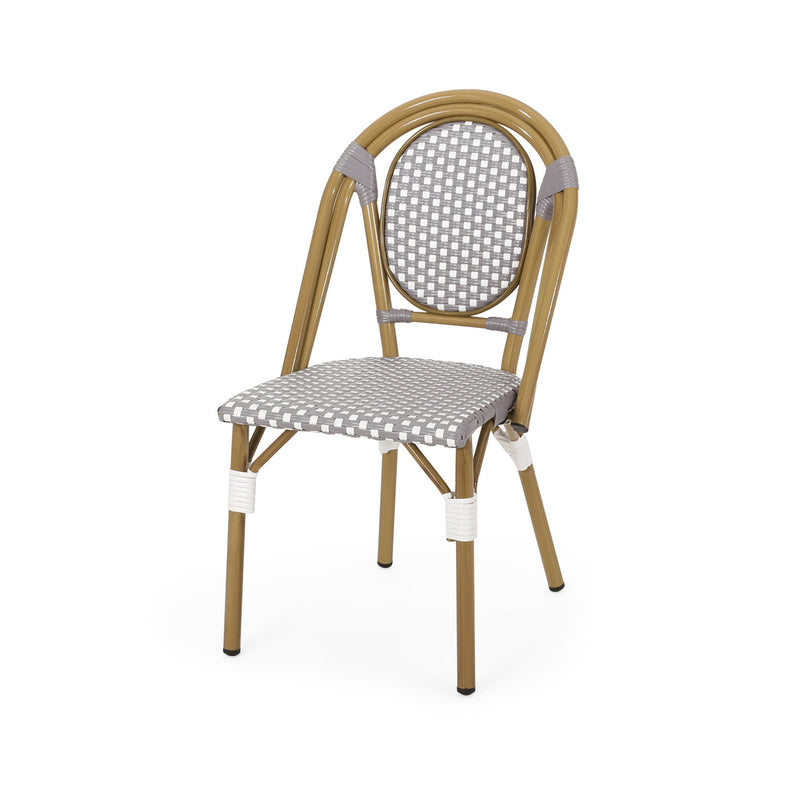 Outdoor rattan and aluminum French bistro chair set by Noble House, featuring four stylish, weather-resistant chairs with woven rattan seats.