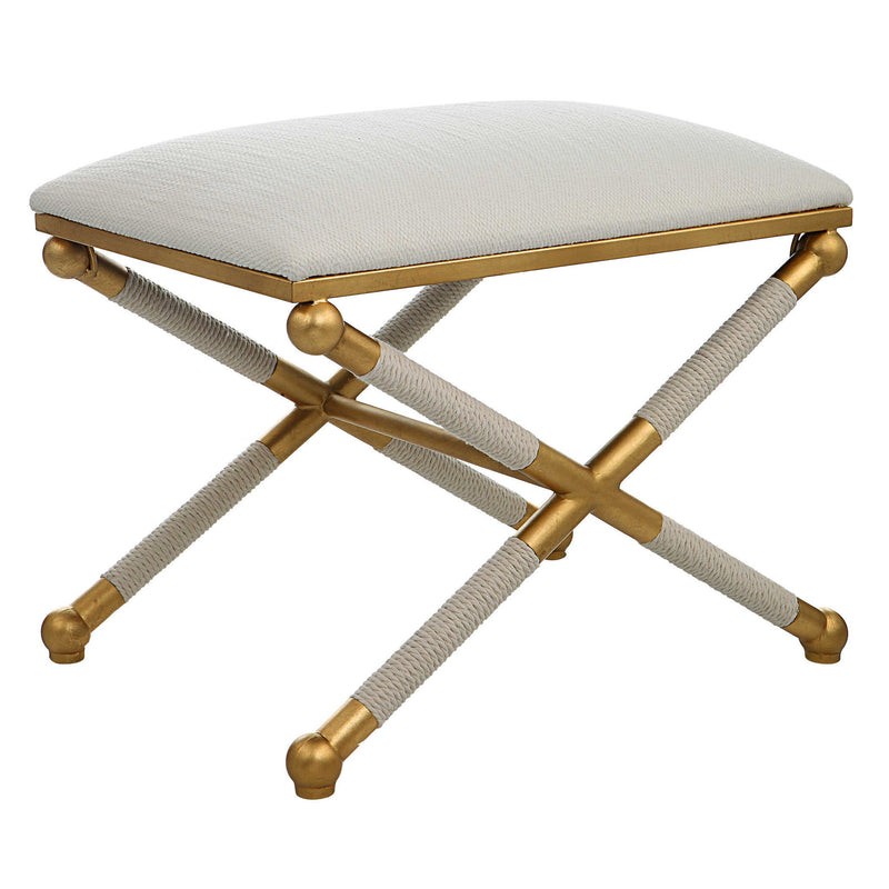 Uttermost Socialite small beige accent bench with tufted upholstery and wooden legs, perfect for entryways or living rooms.