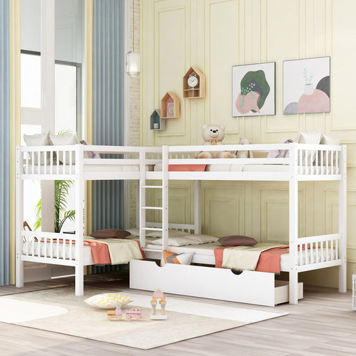 DreamHaus L-shaped bunk bed with built-in drawers, featuring a sturdy frame and space-saving design for bedrooms.