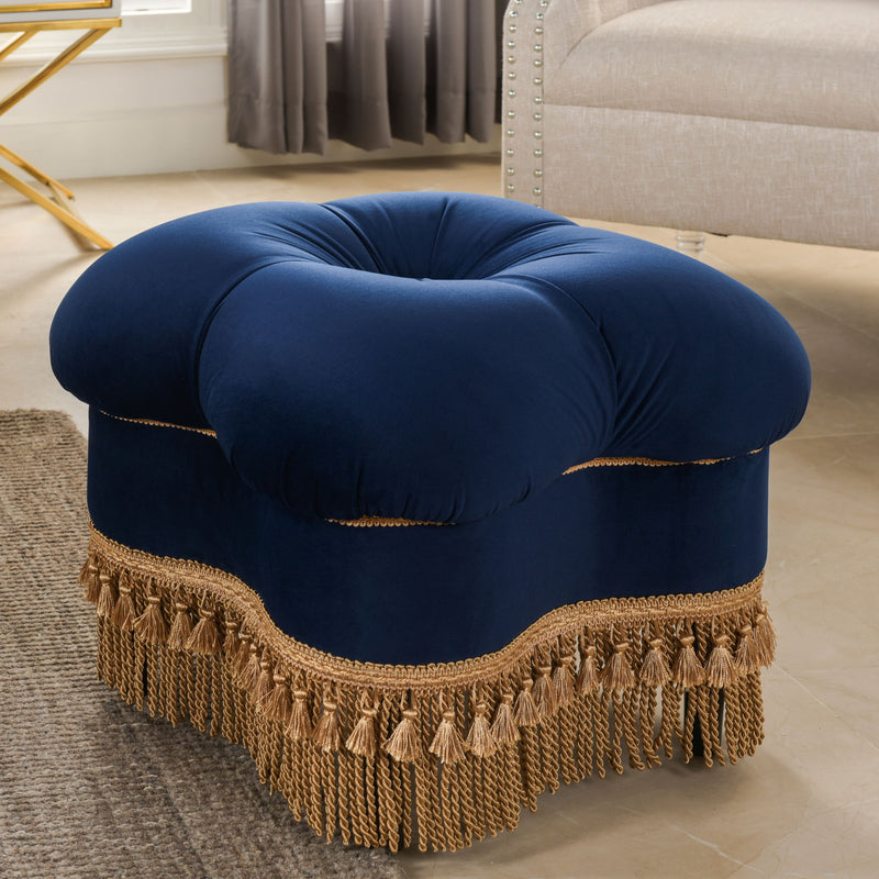 Ellen - Upholstered Clover Ottoman With Gold Bullion Fringe - Navy Blue - R&R Furniture Gallery (Fountain Valley, CA)