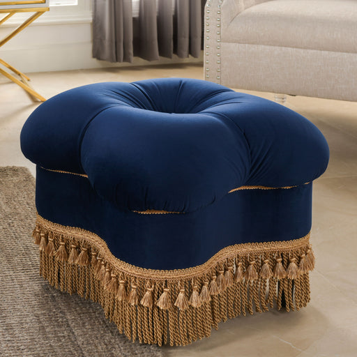Ellen - Upholstered Clover Ottoman With Gold Bullion Fringe - Navy Blue - R&R Furniture Gallery (Fountain Valley, CA)