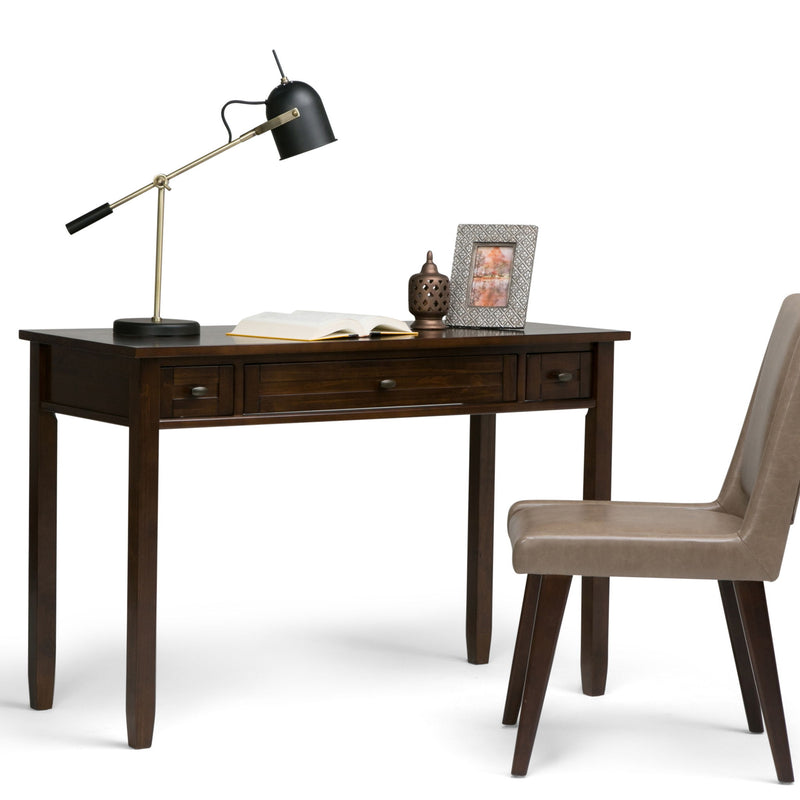 Warm Shaker Desk by Simpli-Home in tobacco brown with a classic shaker style, featuring a spacious work surface and clean lines.