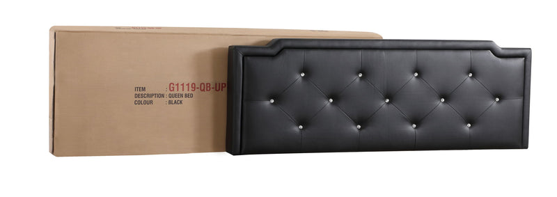 Button tufted upholstered bed by Glory Furniture, showcasing a cozy, elegant design with plush fabric and tufted headboard.