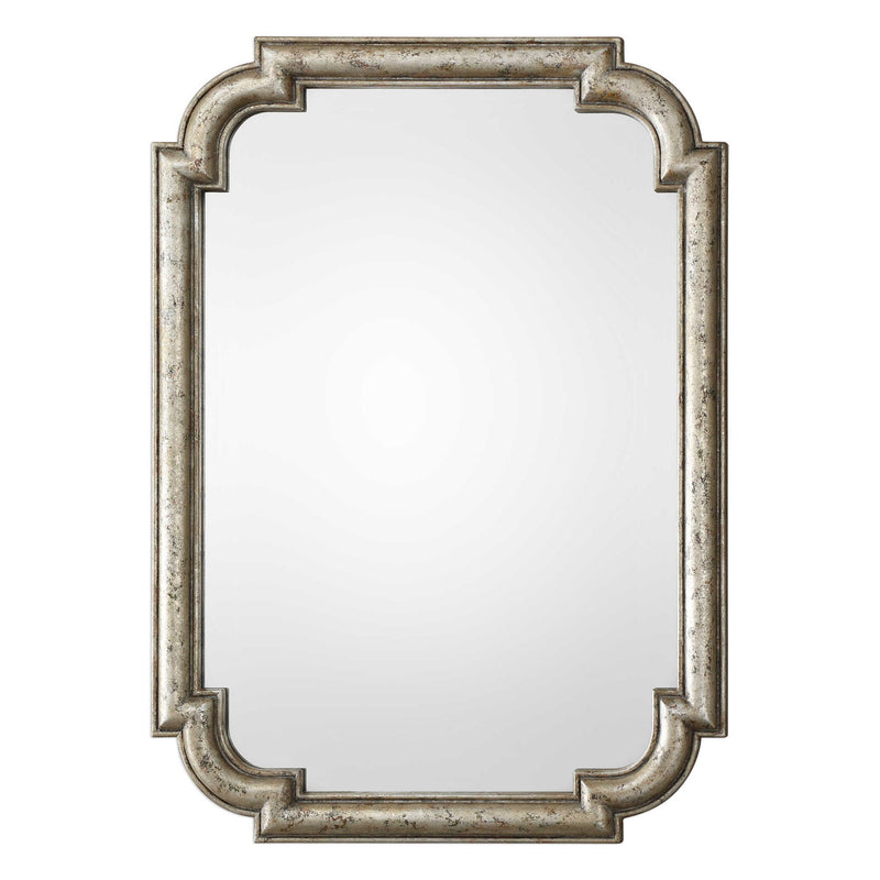 Uttermost Calanna wall mirror with antique silver finish, featuring a decorative frame and reflective glass for elegant wall decor.