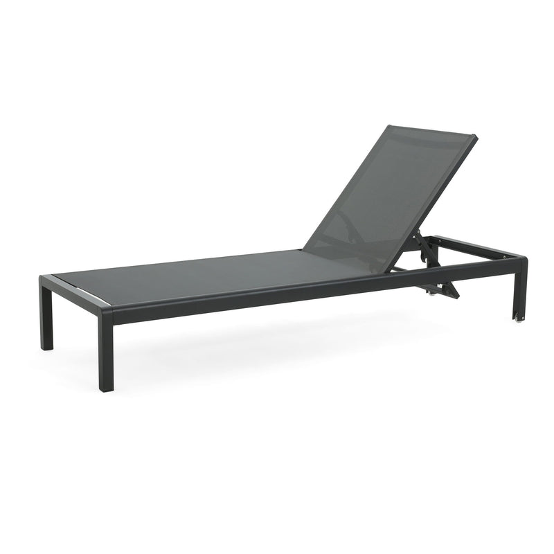 Noble House outdoor patio chaise lounge with five reclining positions, featuring cushioned seating and a sturdy frame.