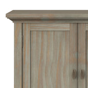 Redmond handcrafted low storage accent cabinet by Simpli-Home with wood finish and two doors, ideal for stylish home organization