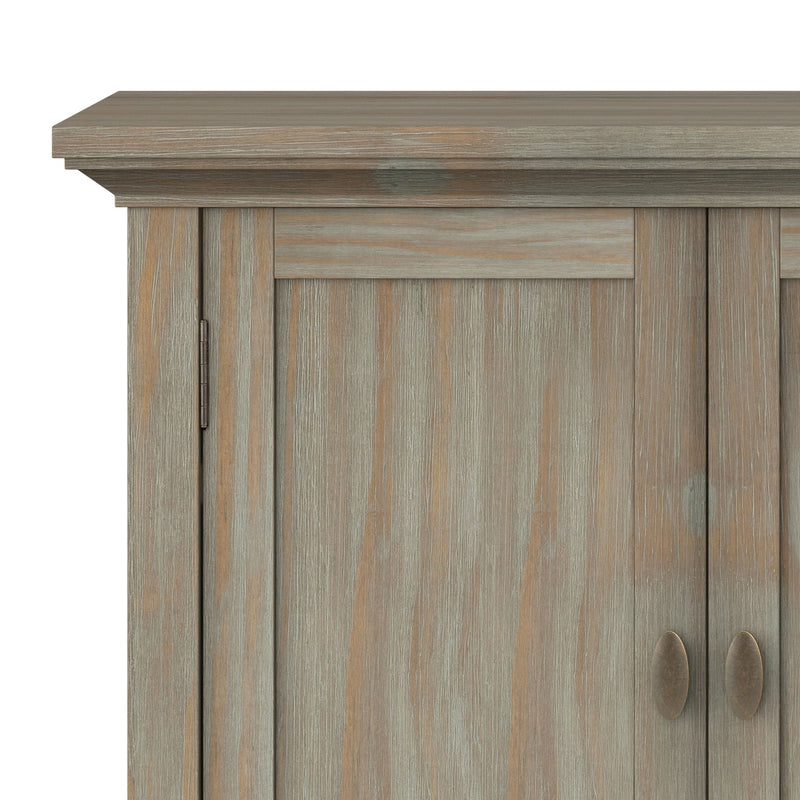 Redmond handcrafted low storage accent cabinet by Simpli-Home with wood finish and two doors, ideal for stylish home organization