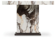 Jesgina dining table by Ashley with a dark brown finish and beige tabletop, showcasing a modern design for dining rooms.
