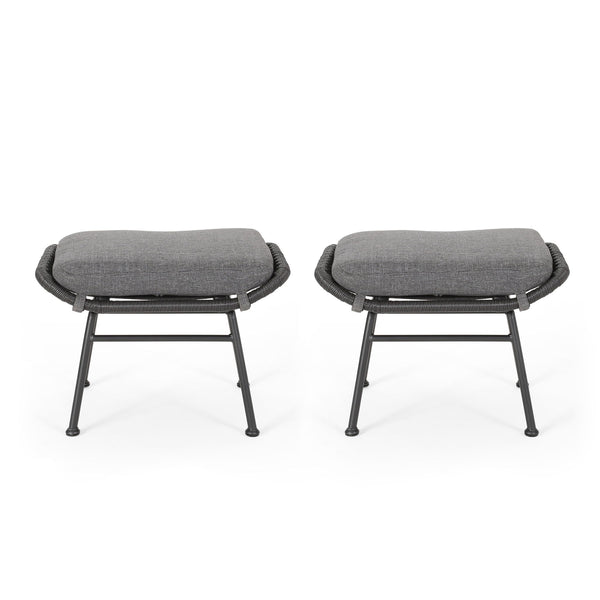 Outdoor Modern Boho Wicker Ottoman With Cushions (Set of 2)
