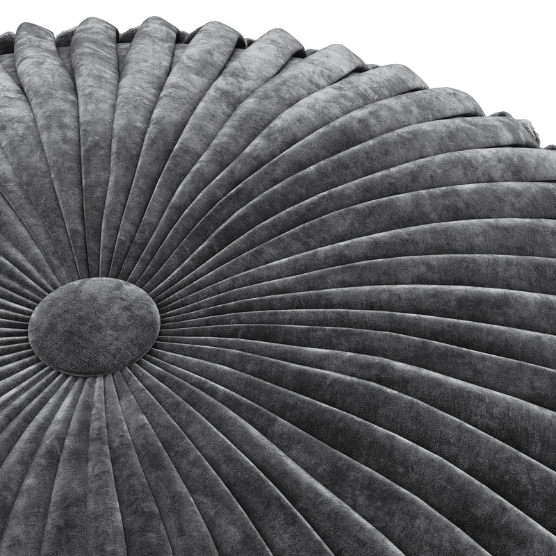 Simpli-Home Renee handcrafted round accent pouf with textured fabric and cushioned top, perfect for living room decor.