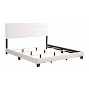 Glory Furniture Caldwell upholstered bed with a padded headboard and neutral fabric, showcasing a modern bedroom design.