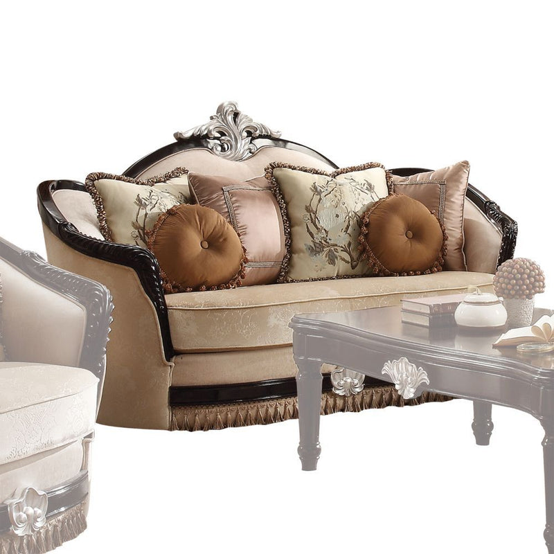 Ernestine - Loveseat With 6 Pillows - Tan Fabric & Black - R&R Furniture Gallery (Fountain Valley, CA)