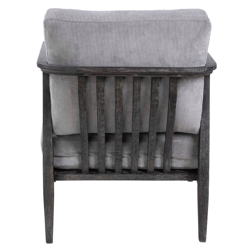 Gray Brunei modern accent chair by Uttermost with sleek design and upholstered seating, perfect for contemporary living spaces.