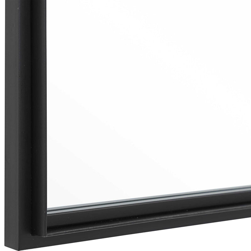 Black iron window mirror by Uttermost, featuring a classic accent mirror design with a rustic, vintage style frame.
