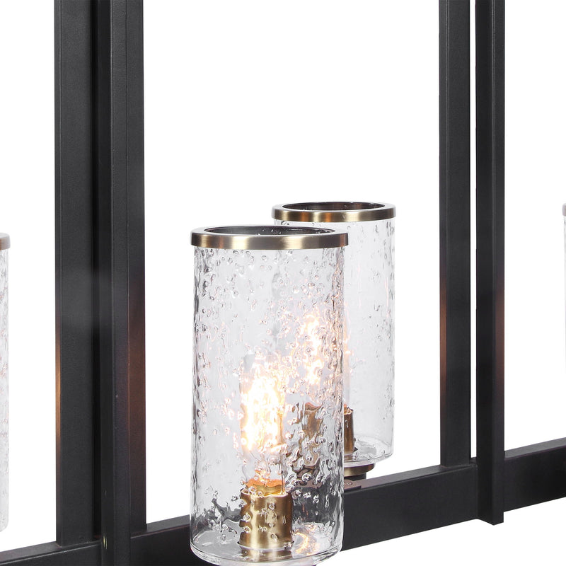 Uttermost Jarsdel 6-light industrial island pendant lighting in black with metal jars, ideal for modern kitchen or dining area decor.
