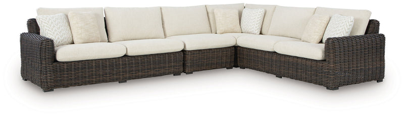Kimora - 7 Pc. - 4-Piece Outdoor Sectional, Swivel Glider Lounge, Cocktail Table, End Table - Beige / Dark Brown - R&R Furniture Gallery (Fountain Valley, CA)