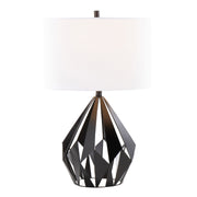 Pair of Lumi Source Geo-Me Tri contemporary table lamps in matte black and white with geometric design.
