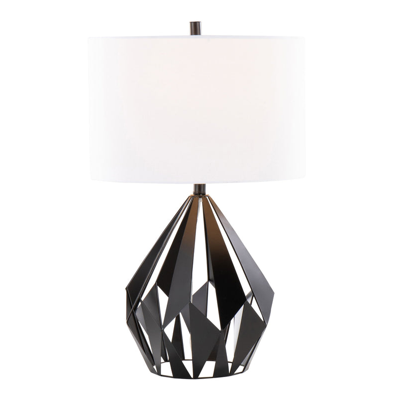 Pair of Lumi Source Geo-Me Tri contemporary table lamps in matte black and white with geometric design.