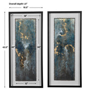 Set of two framed blue agate abstract prints by Uttermost showcasing shimmering gemstone patterns for modern wall decor.