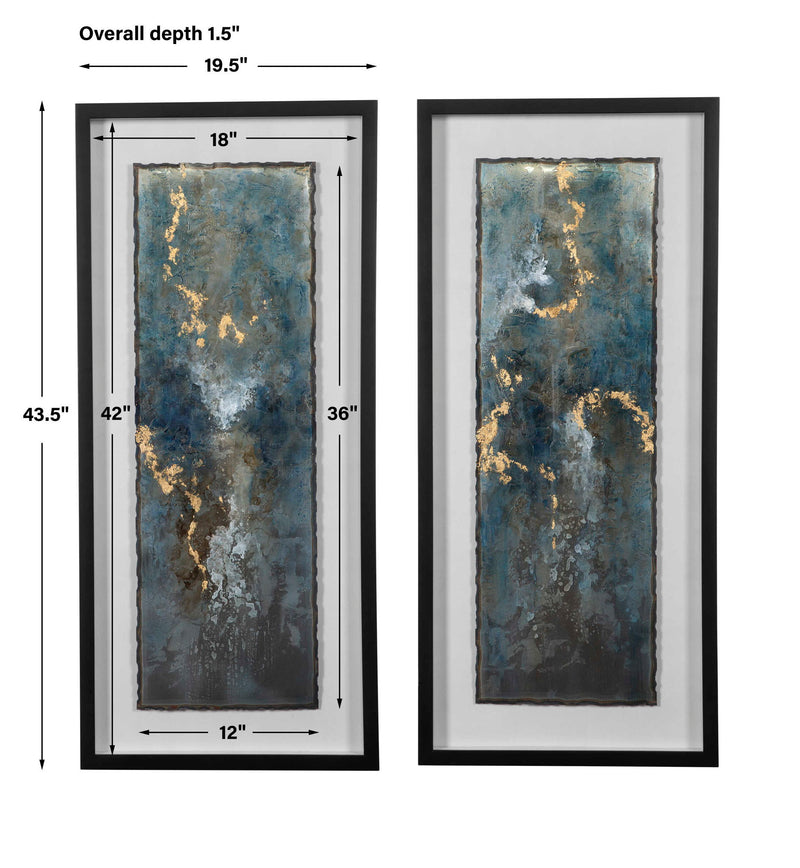Set of two framed blue agate abstract prints by Uttermost showcasing shimmering gemstone patterns for modern wall decor.