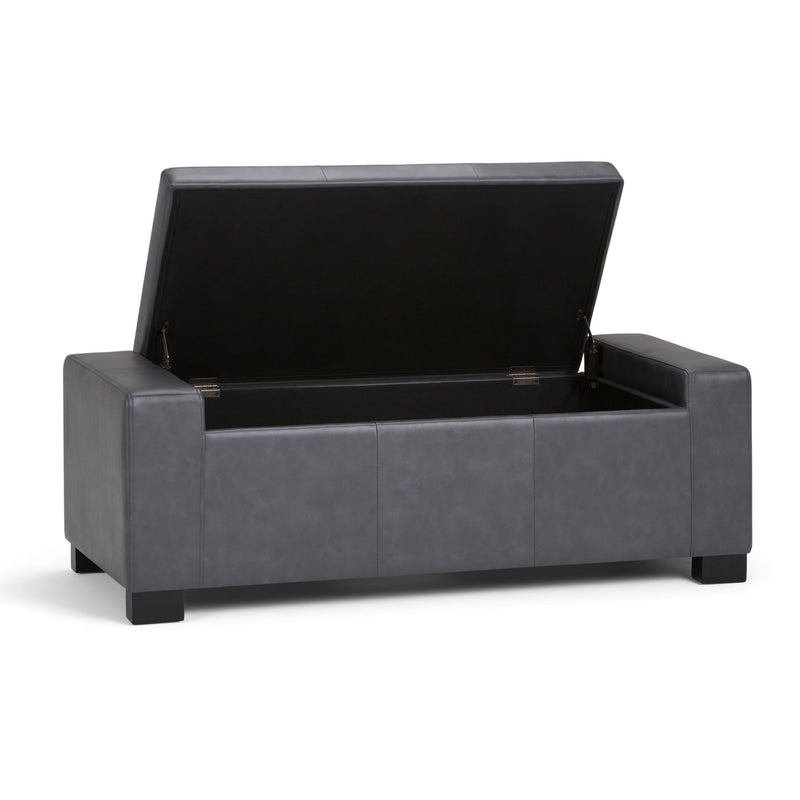 Large contemporary storage ottoman by Simpli-Home, featuring a cushioned top and spacious interior for versatile storage.