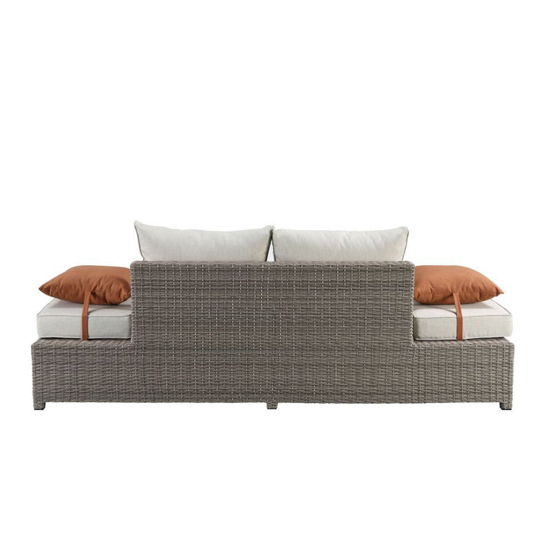 Salena - Patio Sofa With 2 Pillows & Ottoman - Beige Fabric & Gray Wicker - R&R Furniture Gallery (Fountain Valley, CA)