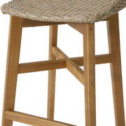 Set of two Noble House Beeson outdoor wicker and acacia wood barstools in brown, water-resistant with cushioned seats.