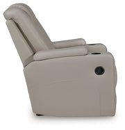 Signature Design by Ashley Elevate Edges Glider Recliner in Coin fabric with plush cushioning and a smooth gliding motion.