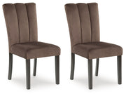 Set of two Jeshina dining upholstered side chairs in mocha fabric by Signature Design Ashley, featuring cushioned seats and wooden legs.