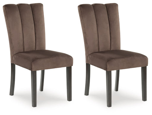 Set of two Jeshina dining upholstered side chairs in mocha fabric by Signature Design Ashley, featuring cushioned seats and wooden legs.