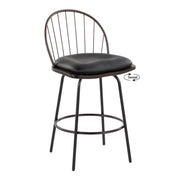 Lumi Source Riley Claire farmhouse counter stool set with swivel and round footrest, featuring rustic wooden seats and metal frames.