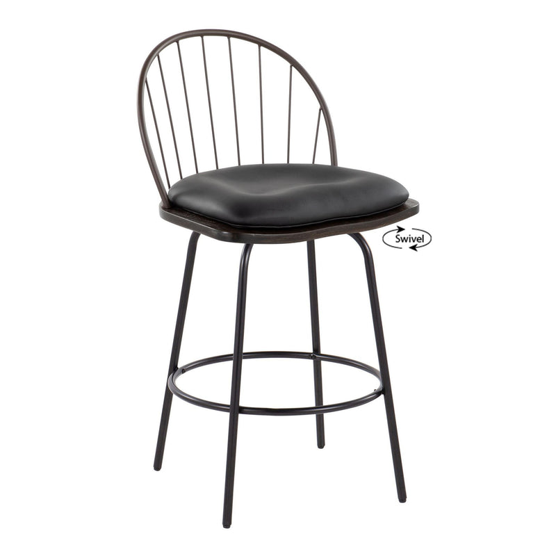 Lumi Source Riley Claire farmhouse counter stool set with swivel and round footrest, featuring rustic wooden seats and metal frames.